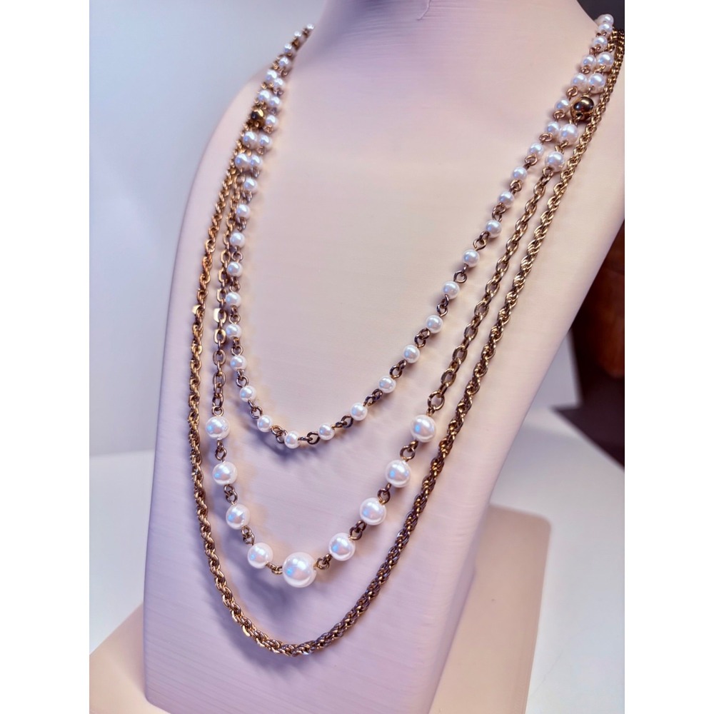 3 Strand Faux Pearl Gold Tone Chain Necklace 24" Layered Vintage Korea